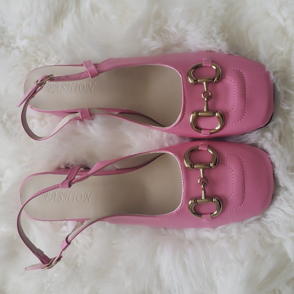 Pink chunky heel closed toe sandal